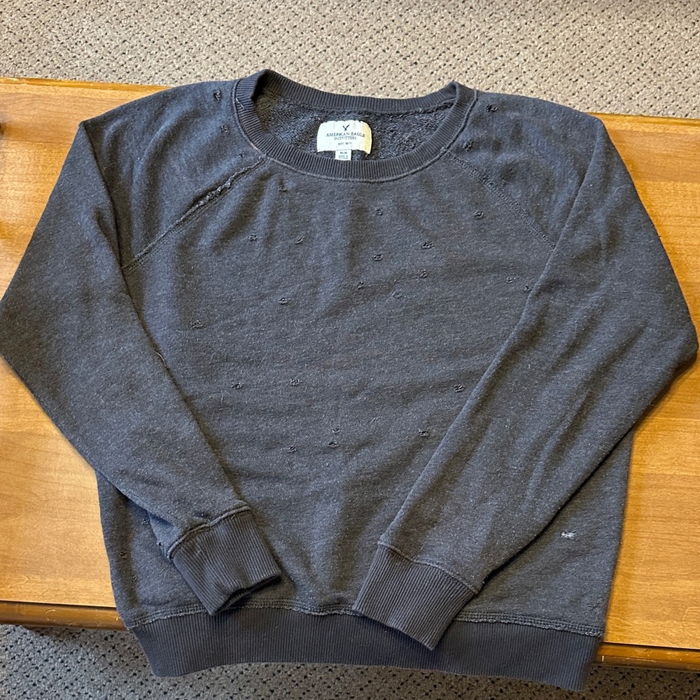 AE Women's Dark Gray Faux Distressed Crewneck Sweater